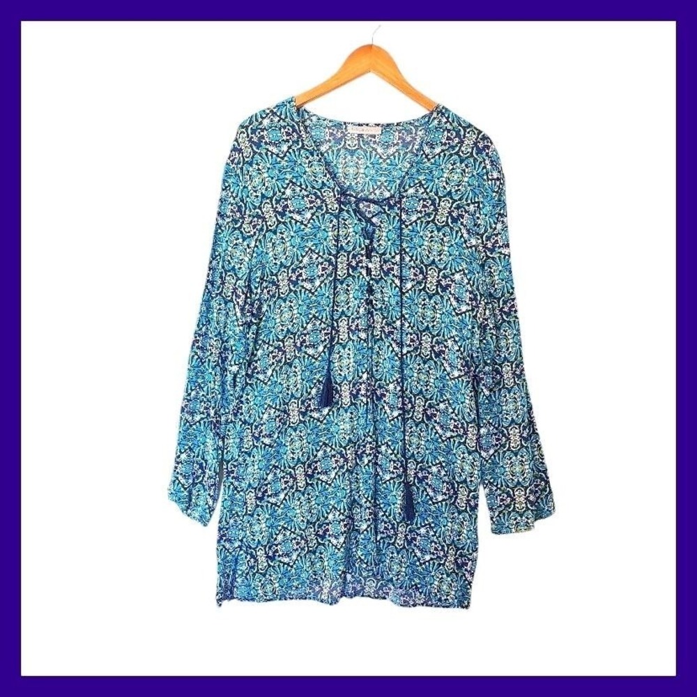 La Blanca Lace‎ Up V-Neck Tunic Blue Floral Figural Print XL